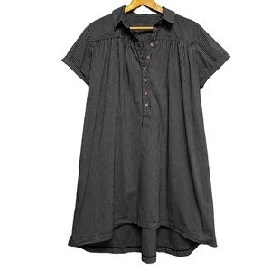 Black White Micro Check Short Sleeve Button Front Cotton Flowy Mini Dress Sz S/M